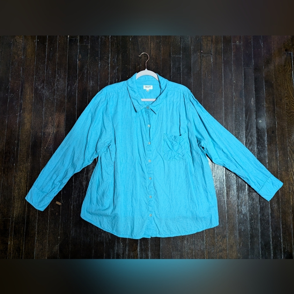 Candace Cameron Bure Turquoise Button Down Long Sleeve Textured Shirt - Picture 2 of 6